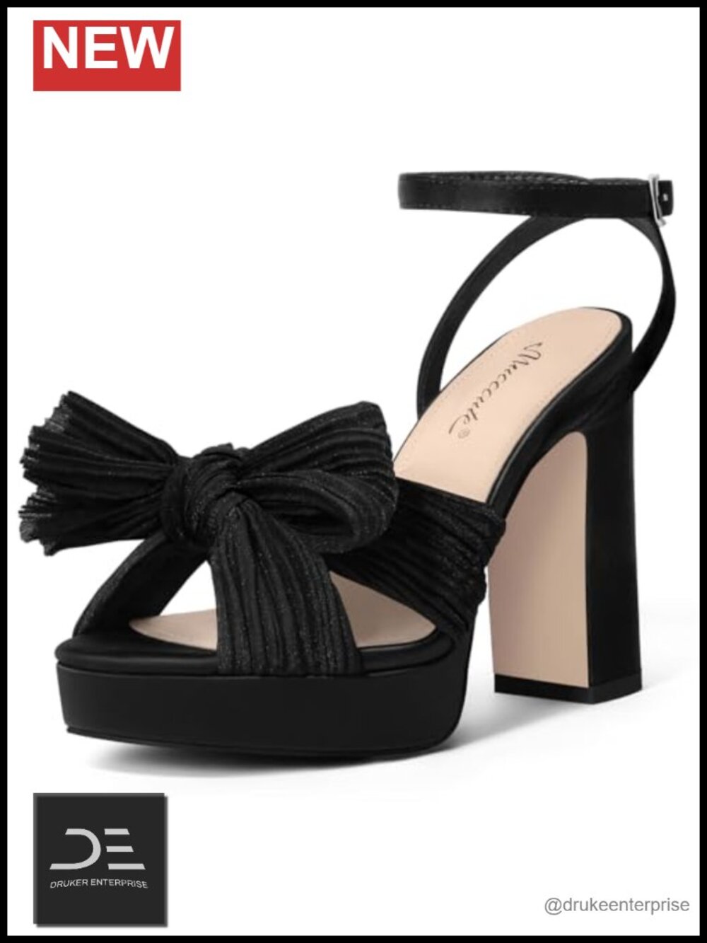 Pleated Organza Bow Heels Chunky Platform Ankle Strap Open Toe Heeled Sandals